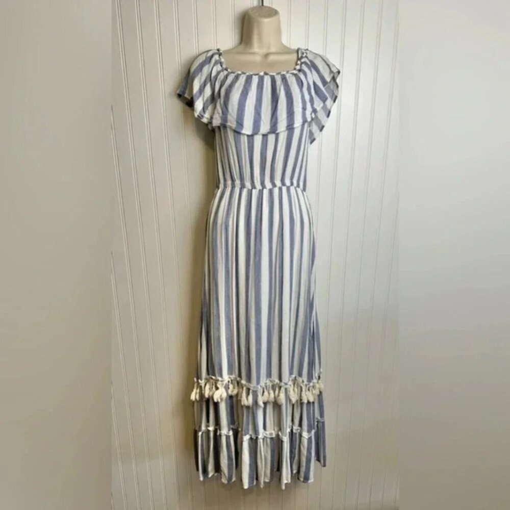 Altar'd State blue stripe off shoulder maxi dress fringe trim size small